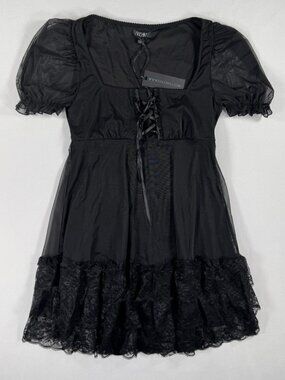 NWT Dolls Kill Widow Mini Dress Black Lined Lace Trim Corset Goth Witchy Large